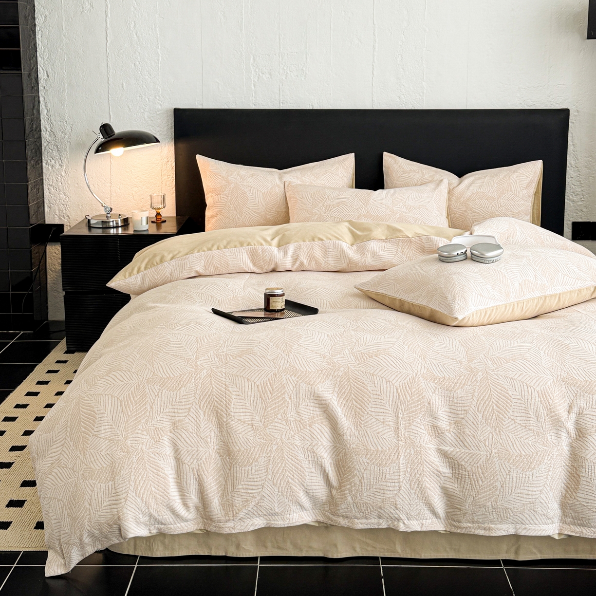 91家纺网 家纺一手货源 找家纺 眠博士 2025新款60s长绒棉纯棉提花磨毛四件套 提花磨毛套件-枫叶杏