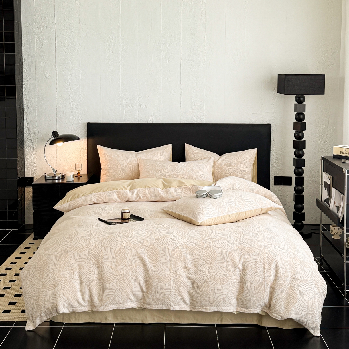 91家纺网 家纺一手货源 找家纺 眠博士 2025新款60s长绒棉纯棉提花磨毛四件套 提花磨毛套件-枫叶杏