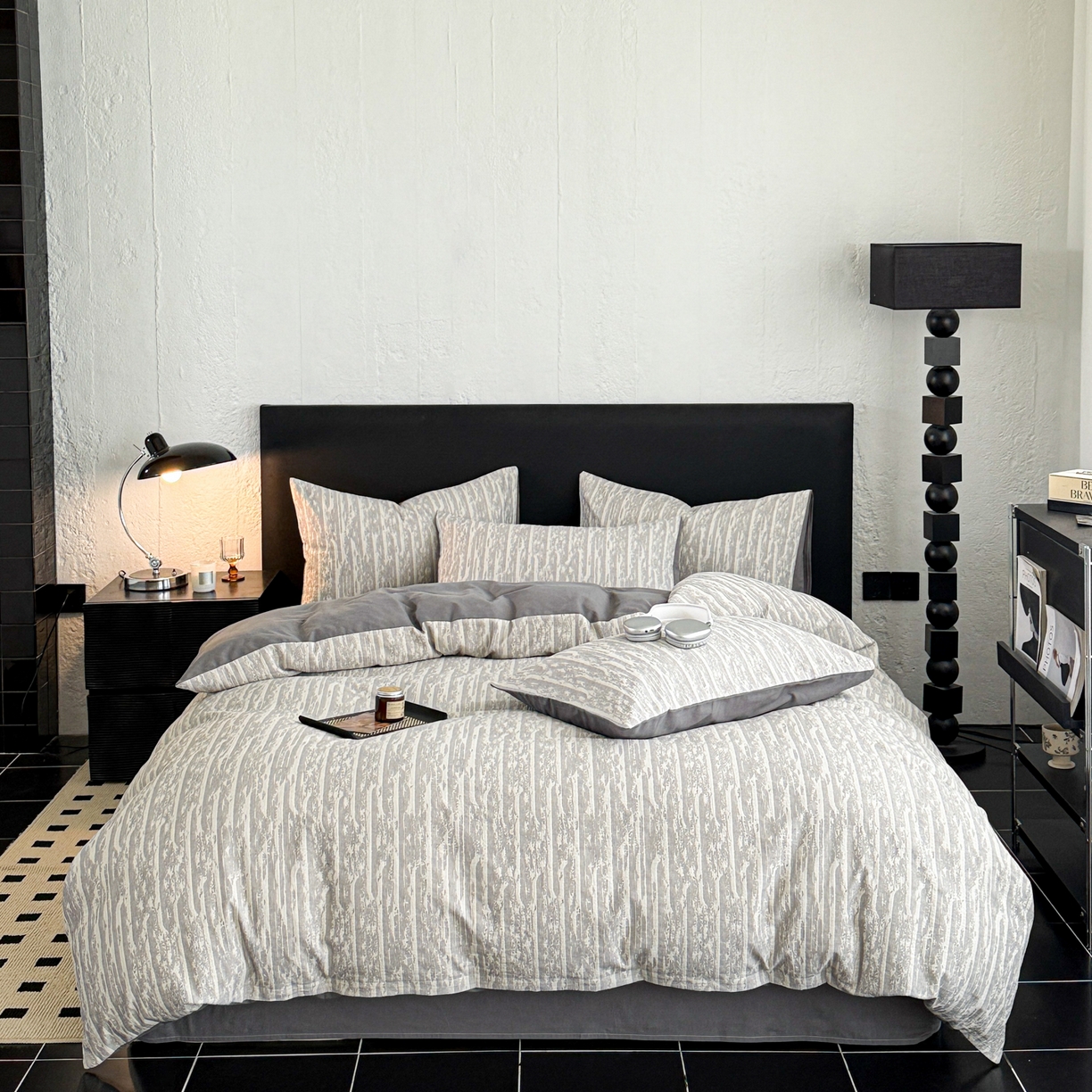 91家纺网 家纺一手货源 找家纺 眠博士 2025新款60s长绒棉纯棉提花磨毛四件套 提花磨毛套件-流光灰