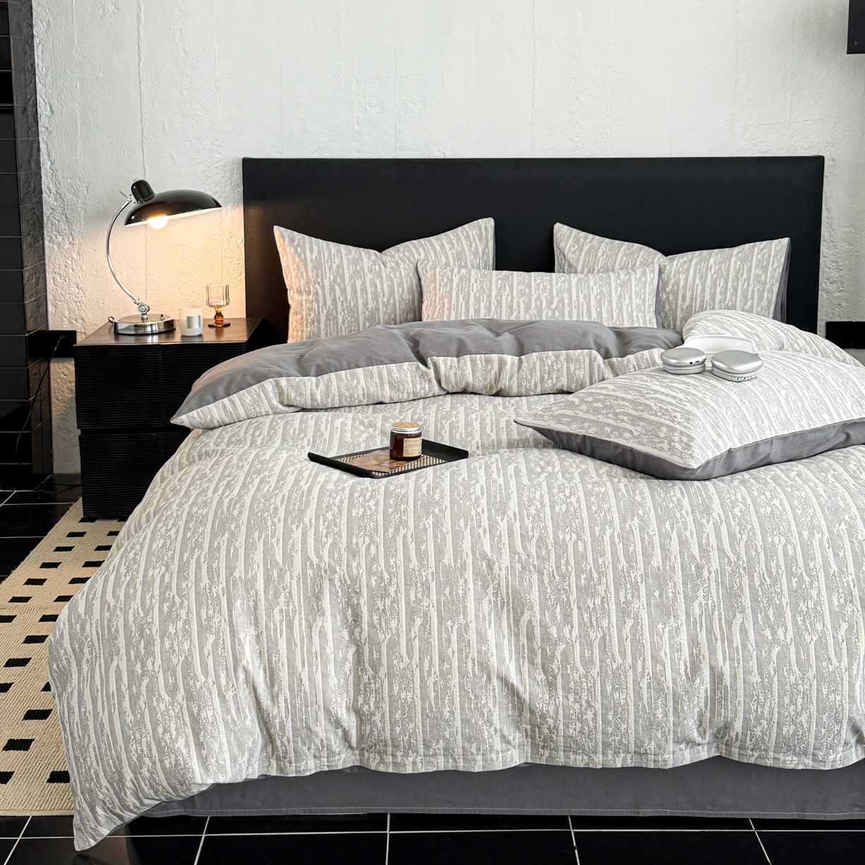 91家纺网 家纺一手货源 找家纺 眠博士 2025新款60s长绒棉纯棉提花磨毛四件套 提花磨毛套件-流光灰