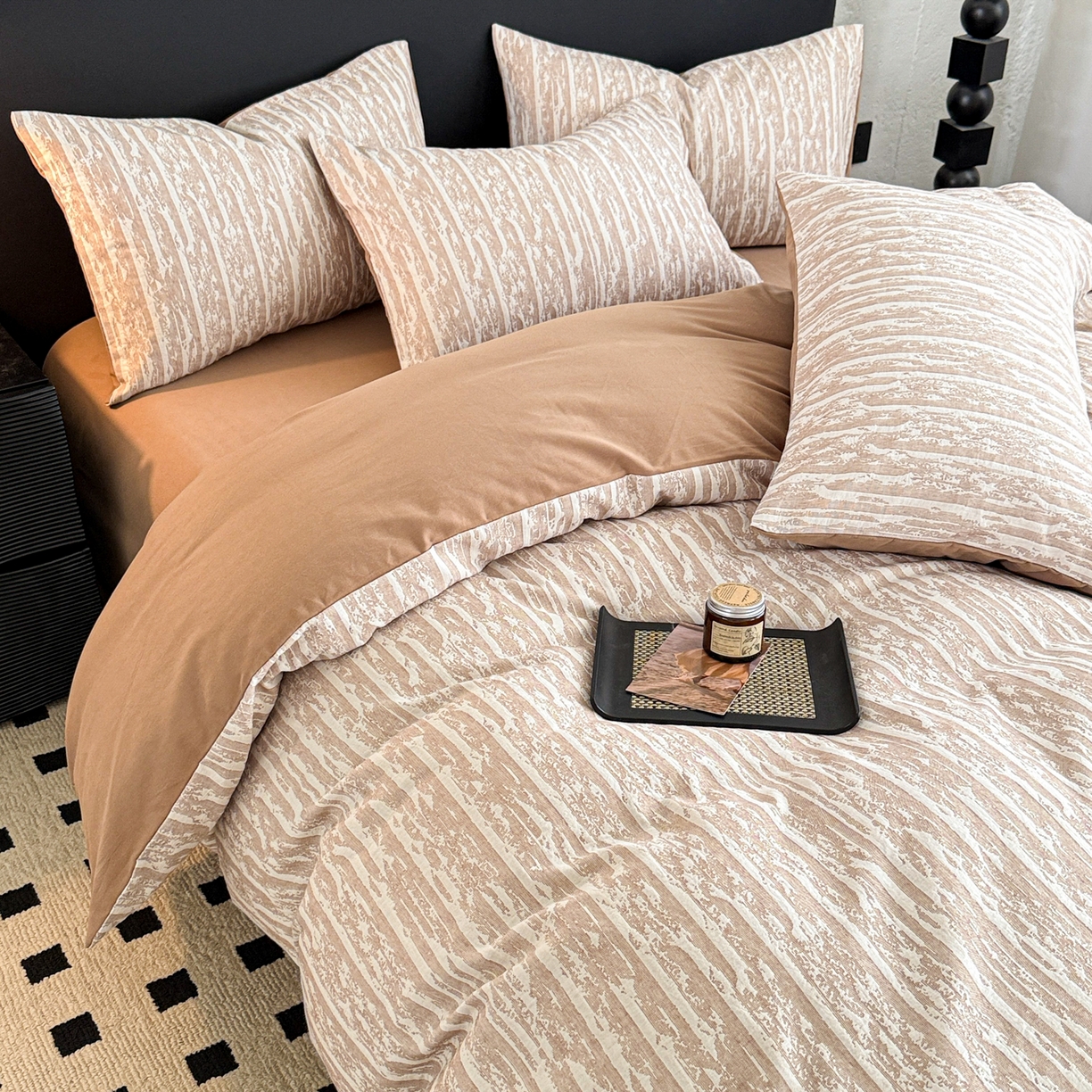 眠博士 2025新款60s长绒棉纯棉提花磨毛四件套 提花磨毛套件-流光卡其