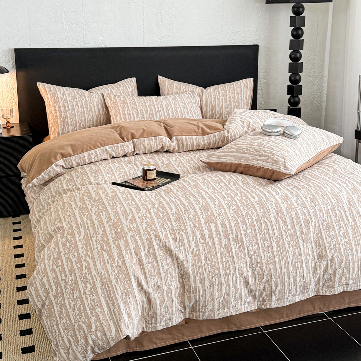 91家纺网 家纺一手货源 找家纺 眠博士 2025新款60s长绒棉纯棉提花磨毛四件套 提花磨毛套件-流光卡其