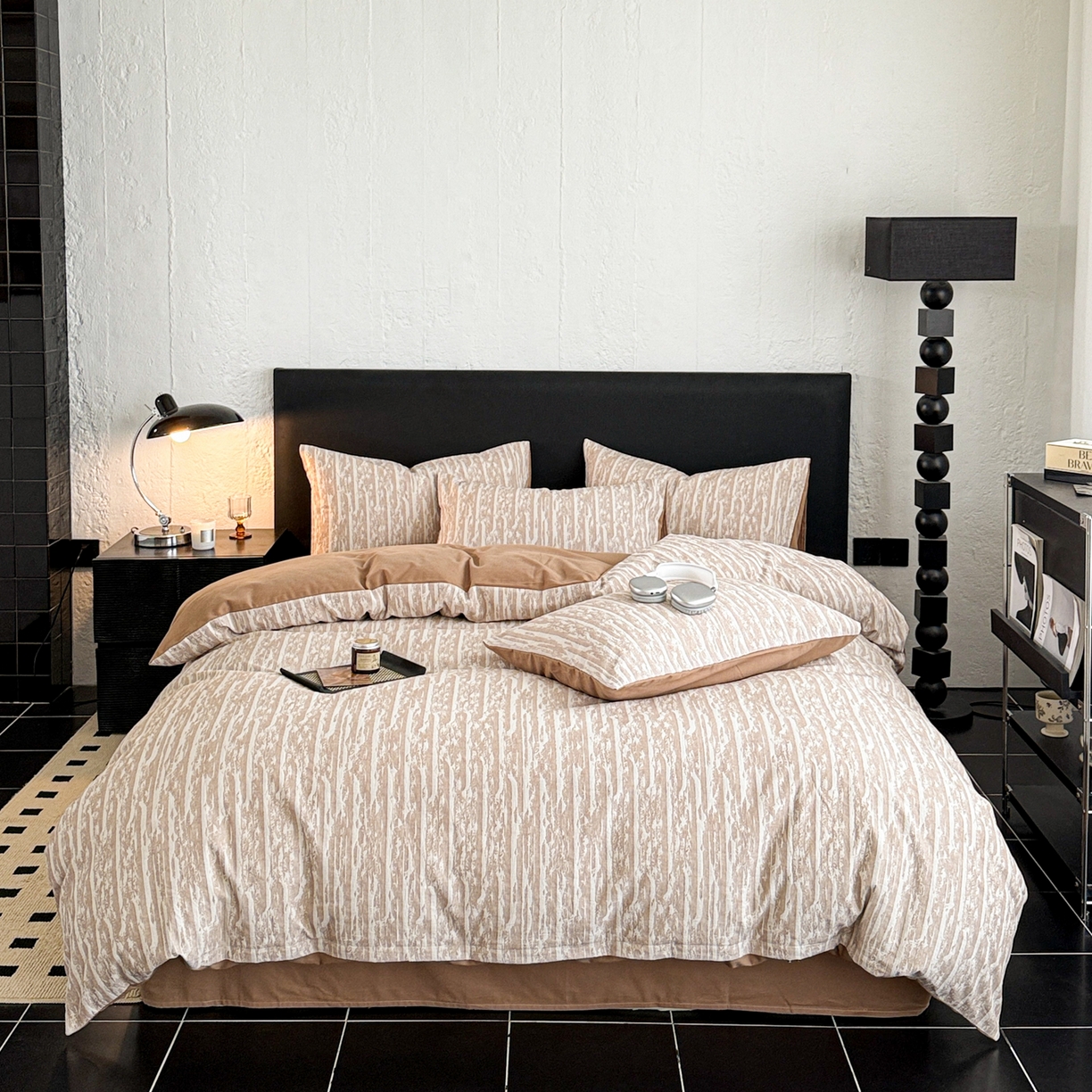 91家纺网 家纺一手货源 找家纺 眠博士 2025新款60s长绒棉纯棉提花磨毛四件套 提花磨毛套件-流光卡其