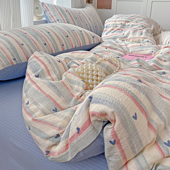 91家纺网 家纺一手货源 找家纺 一比一 2026新款云感皱皱双层纱四件套-简单款 蓝爱心