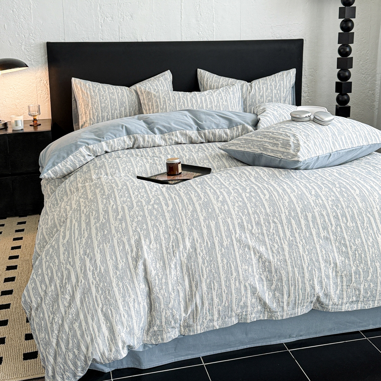 91家纺网 家纺一手货源 找家纺 眠博士 2025新款60s长绒棉纯棉提花磨毛四件套 提花磨毛套件-流光蓝