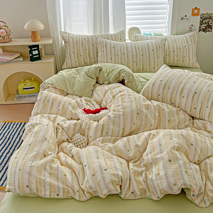 91家纺网 家纺一手货源 找家纺 一比一 2026新款云感皱皱双层纱四件套-简单款 绿爱心