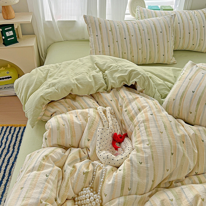 91家纺网 家纺一手货源 找家纺 一比一 2026新款云感皱皱双层纱四件套-简单款 绿爱心