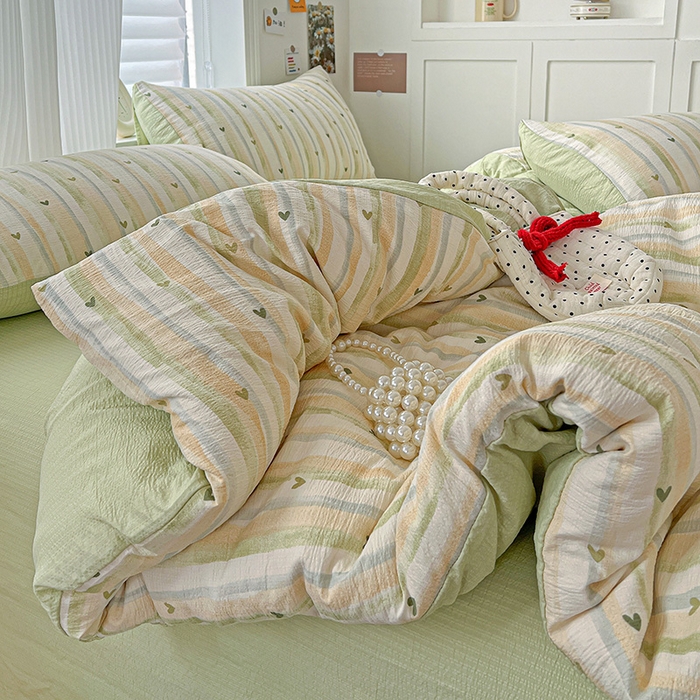 91家纺网 家纺一手货源 找家纺 一比一 2026新款云感皱皱双层纱四件套-简单款 绿爱心