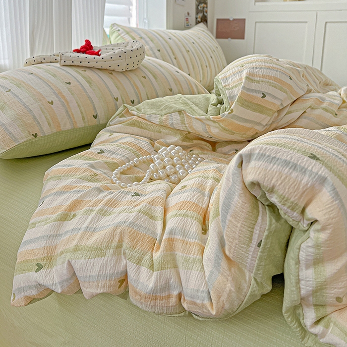 91家纺网 家纺一手货源 找家纺 一比一 2026新款云感皱皱双层纱四件套-简单款 绿爱心