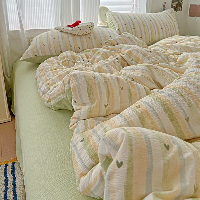 91家纺网 家纺一手货源 找家纺 一比一 2026新款云感皱皱双层纱四件套-简单款 绿爱心