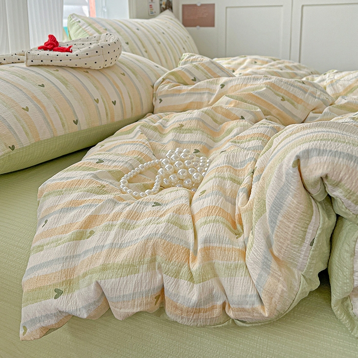 91家纺网 家纺一手货源 找家纺 一比一 2026新款云感皱皱双层纱四件套-简单款 绿爱心