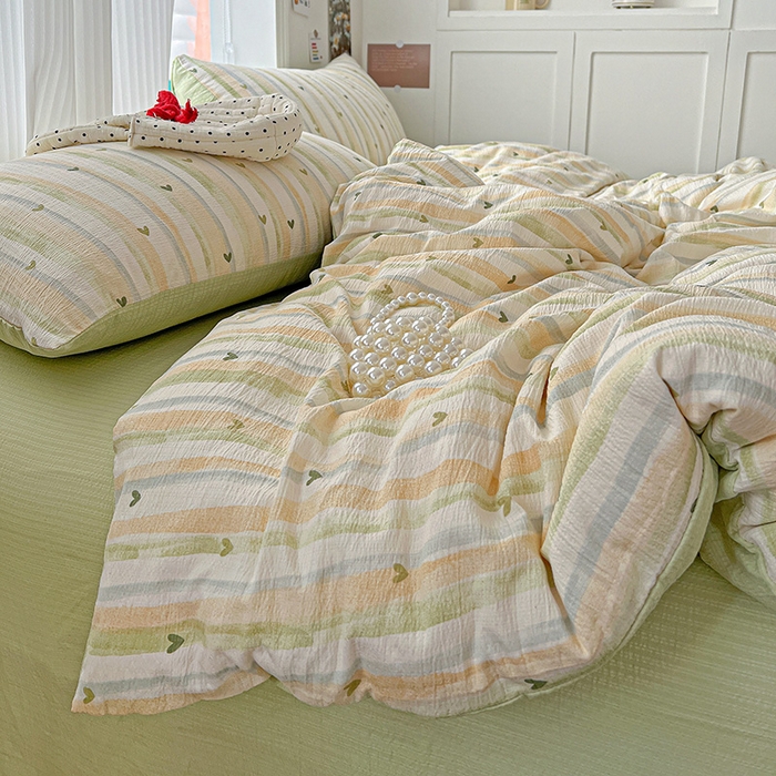 91家纺网 家纺一手货源 找家纺 一比一 2026新款云感皱皱双层纱四件套-简单款 绿爱心