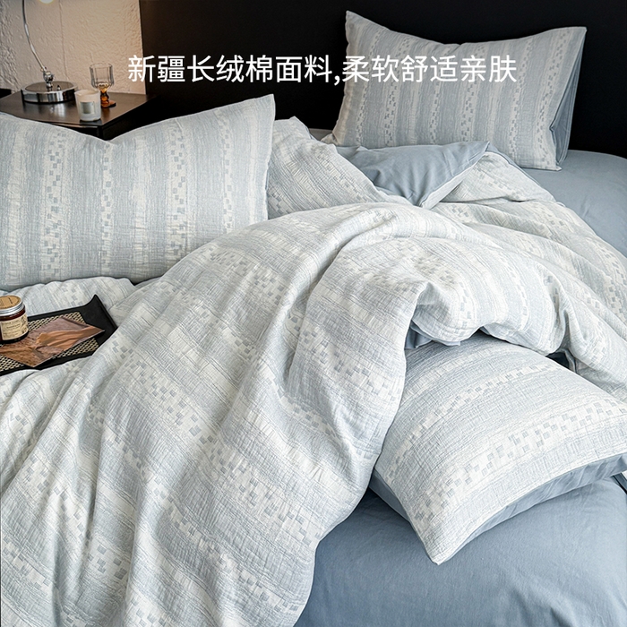 91家纺网 家纺一手货源 找家纺 眠博士 2025新款60s长绒棉纯棉提花磨毛四件套 提花磨毛套件-梦雨蓝