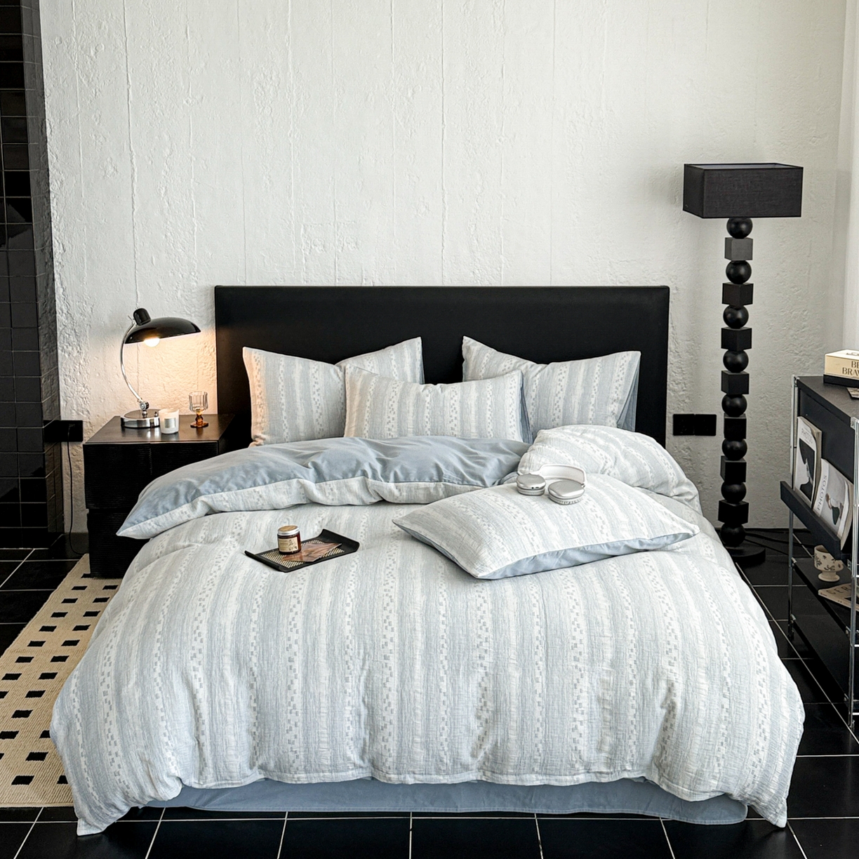 91家纺网 家纺一手货源 找家纺 眠博士 2025新款60s长绒棉纯棉提花磨毛四件套 提花磨毛套件-梦雨蓝