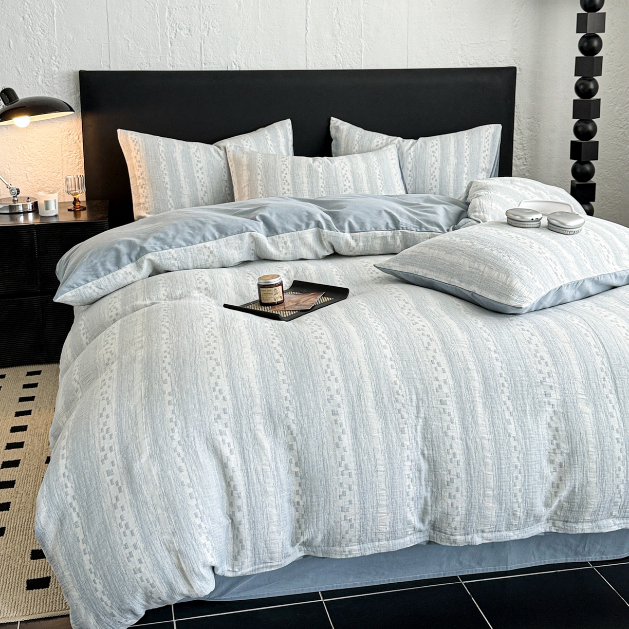 91家纺网 家纺一手货源 找家纺 眠博士 2025新款60s长绒棉纯棉提花磨毛四件套 提花磨毛套件-梦雨蓝