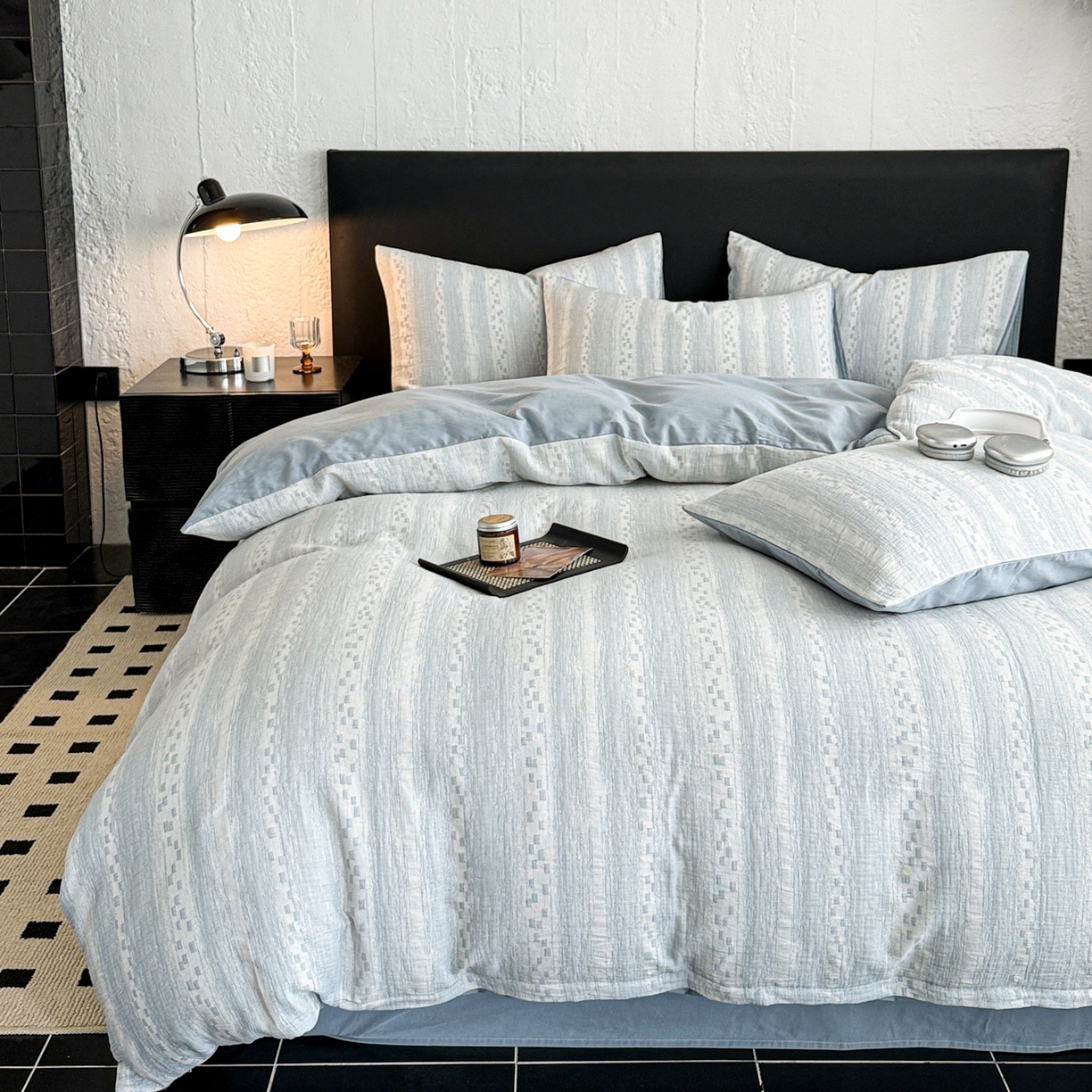 91家纺网 家纺一手货源 找家纺 眠博士 2025新款60s长绒棉纯棉提花磨毛四件套 提花磨毛套件-梦雨蓝