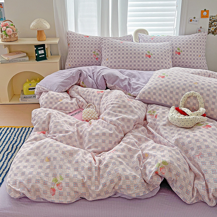 91家纺网 家纺一手货源 找家纺 一比一 2026新款云感皱皱双层纱四件套-简单款 蔓越莓