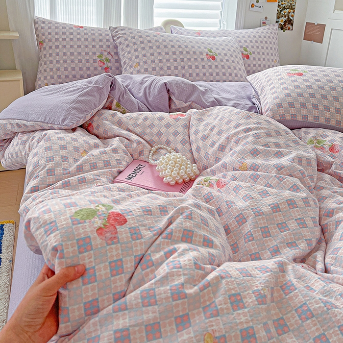 91家纺网 家纺一手货源 找家纺 一比一 2026新款云感皱皱双层纱四件套-简单款 蔓越莓