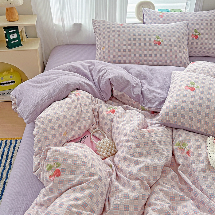 91家纺网 家纺一手货源 找家纺 一比一 2026新款云感皱皱双层纱四件套-简单款 蔓越莓