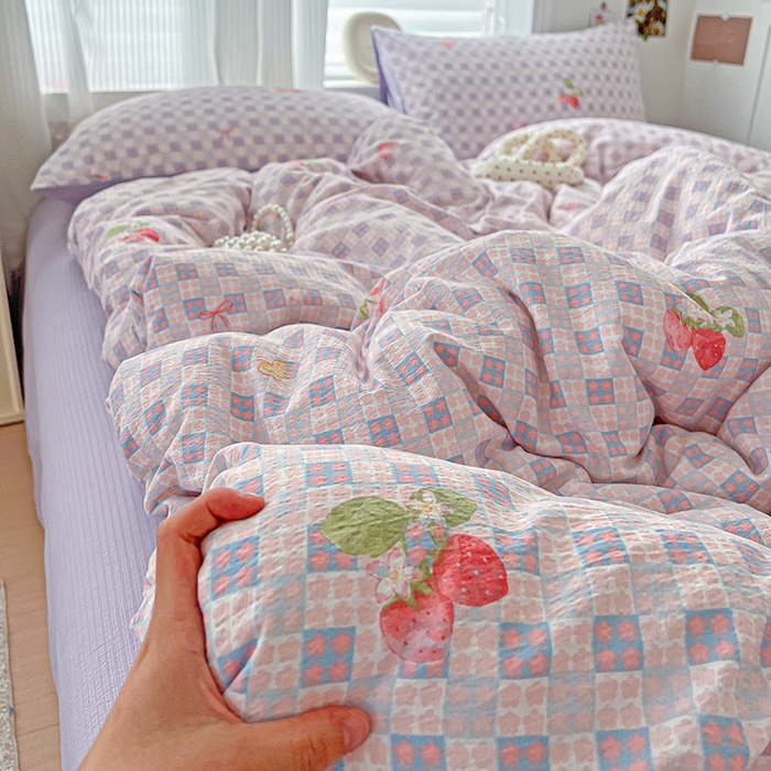 91家纺网 家纺一手货源 找家纺 一比一 2026新款云感皱皱双层纱四件套-简单款 蔓越莓