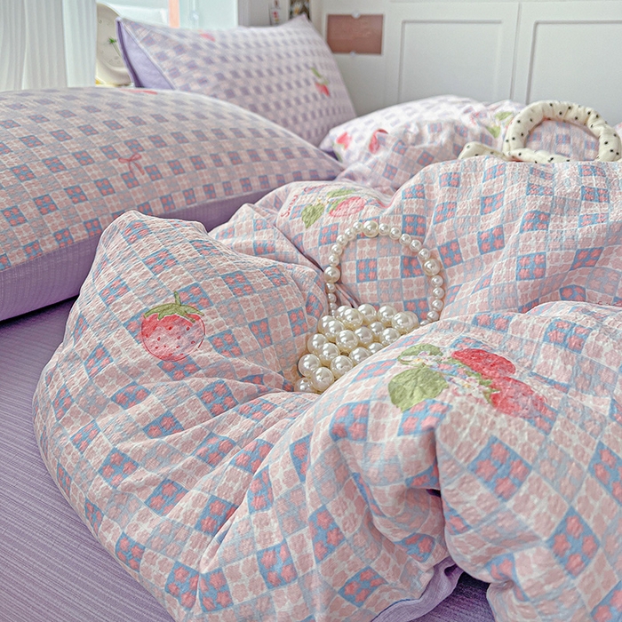 91家纺网 家纺一手货源 找家纺 一比一 2026新款云感皱皱双层纱四件套-简单款 蔓越莓