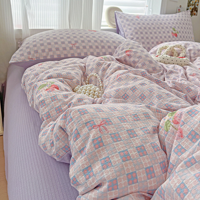 91家纺网 家纺一手货源 找家纺 一比一 2026新款云感皱皱双层纱四件套-简单款 蔓越莓