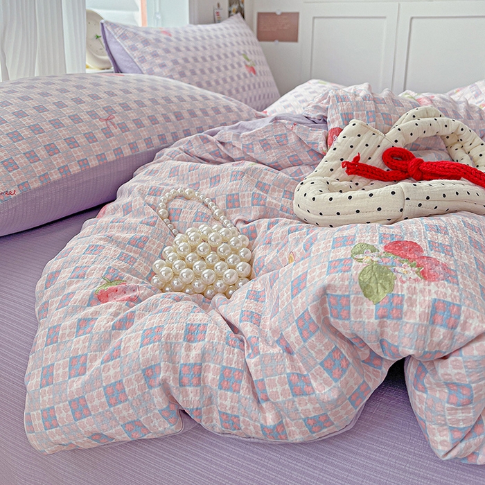 91家纺网 家纺一手货源 找家纺 一比一 2026新款云感皱皱双层纱四件套-简单款 蔓越莓