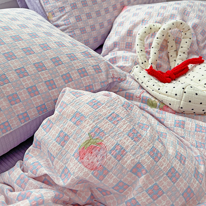 91家纺网 家纺一手货源 找家纺 一比一 2026新款云感皱皱双层纱四件套-简单款 蔓越莓