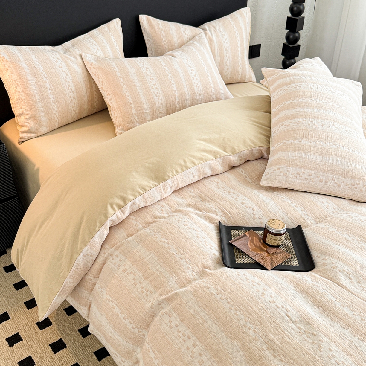 91家纺网 家纺一手货源 找家纺 眠博士 2025新款60s长绒棉纯棉提花磨毛四件套 提花磨毛套件-梦雨杏