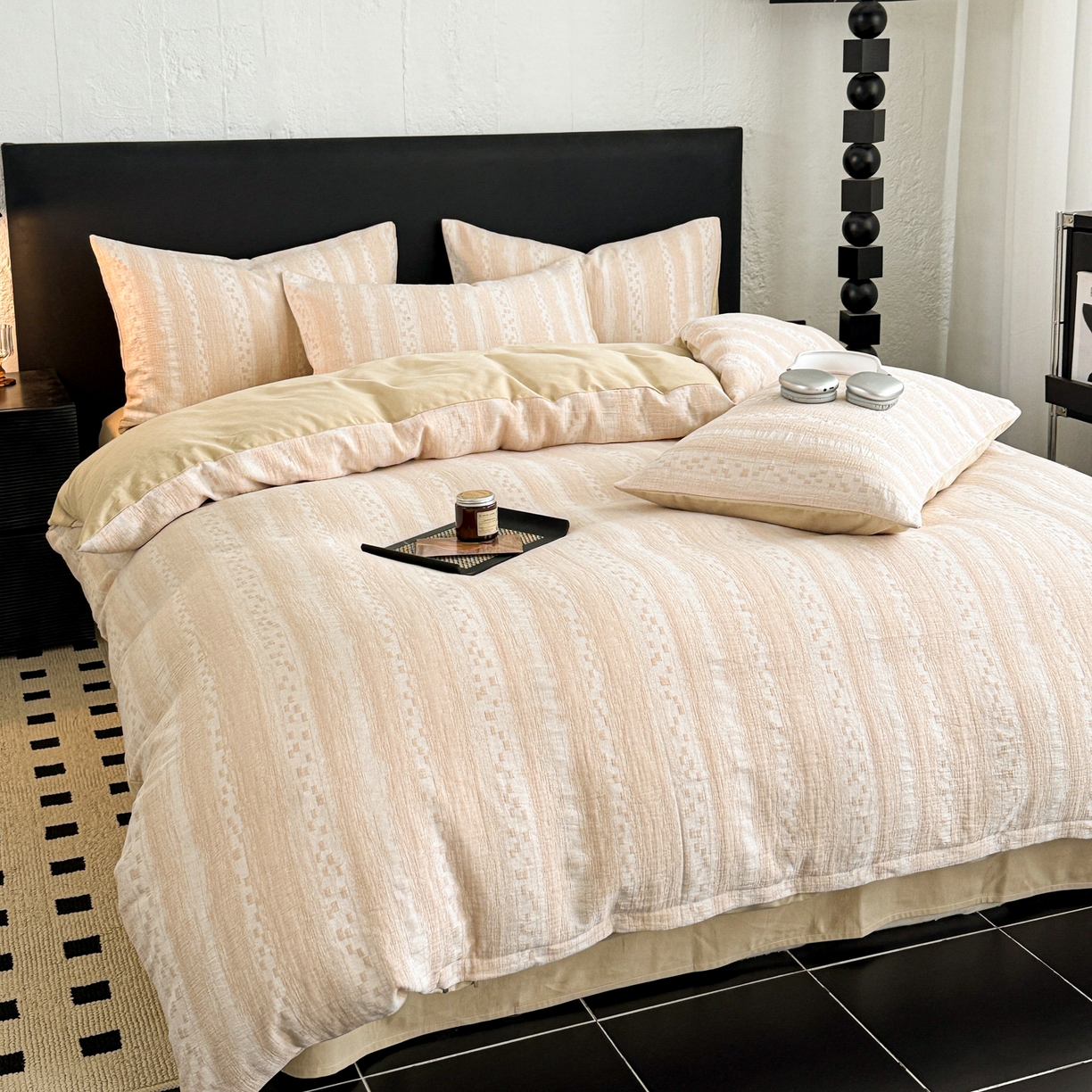 91家纺网 家纺一手货源 找家纺 眠博士 2025新款60s长绒棉纯棉提花磨毛四件套 提花磨毛套件-梦雨杏