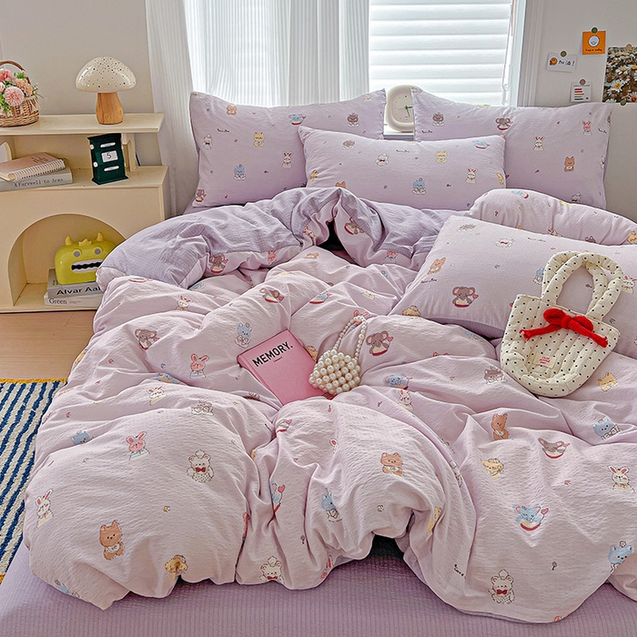 91家纺网 家纺一手货源 找家纺 一比一 2026新款云感皱皱双层纱四件套-简单款 萌宠宝贝