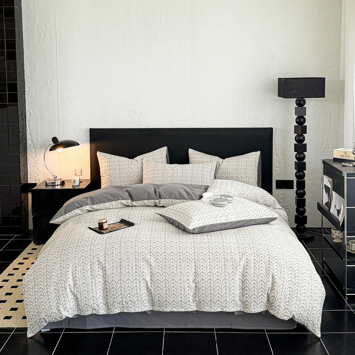 91家纺网 家纺一手货源 找家纺 眠博士 2025新款60s长绒棉纯棉提花磨毛四件套 提花磨毛套件-荞麦灰