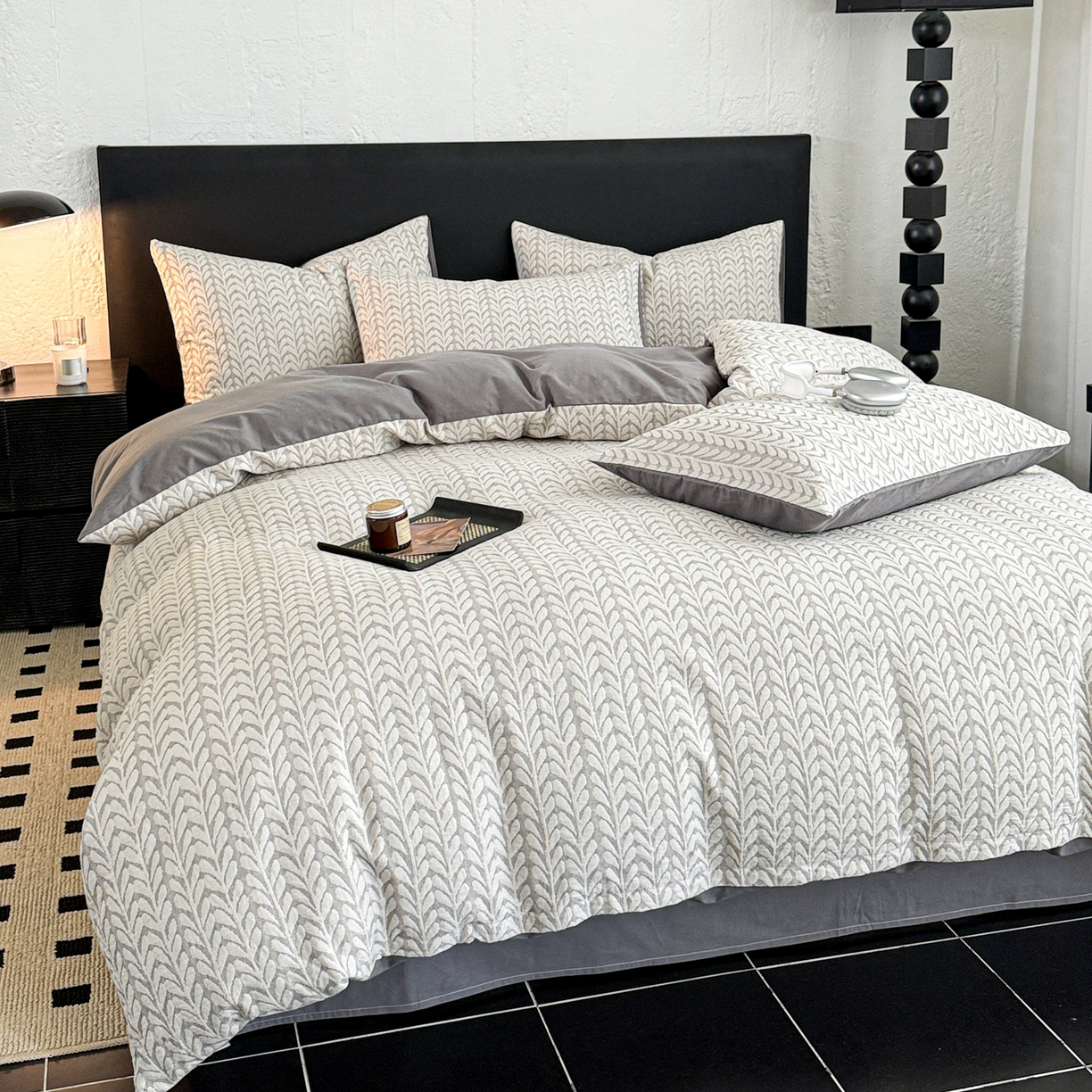 91家纺网 家纺一手货源 找家纺 眠博士 2025新款60s长绒棉纯棉提花磨毛四件套 提花磨毛套件-荞麦灰