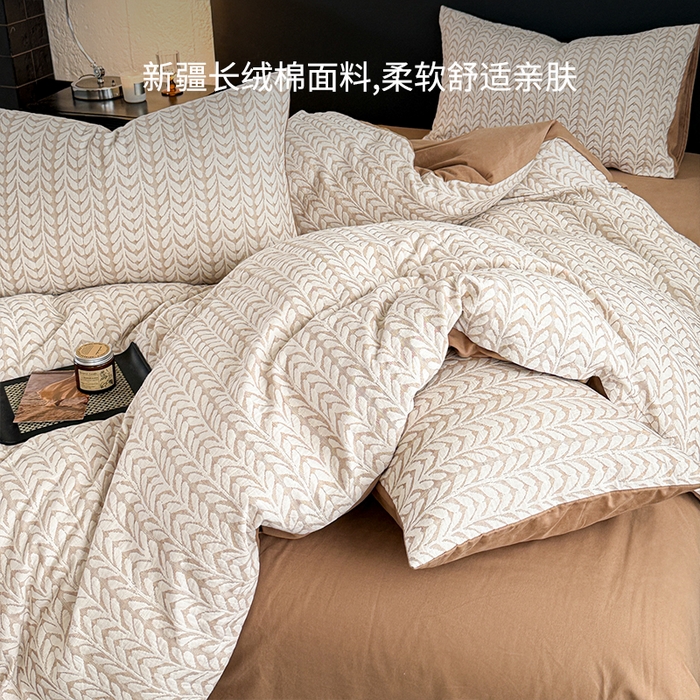 91家纺网 家纺一手货源 找家纺 眠博士 2025新款60s长绒棉纯棉提花磨毛四件套 提花磨毛套件-荞麦卡其