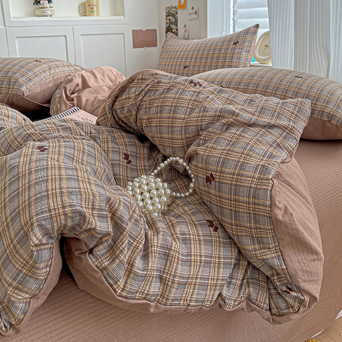 91家纺网 家纺一手货源 找家纺 一比一 2026新款云感皱皱双层纱四件套-简单款 塞西咖