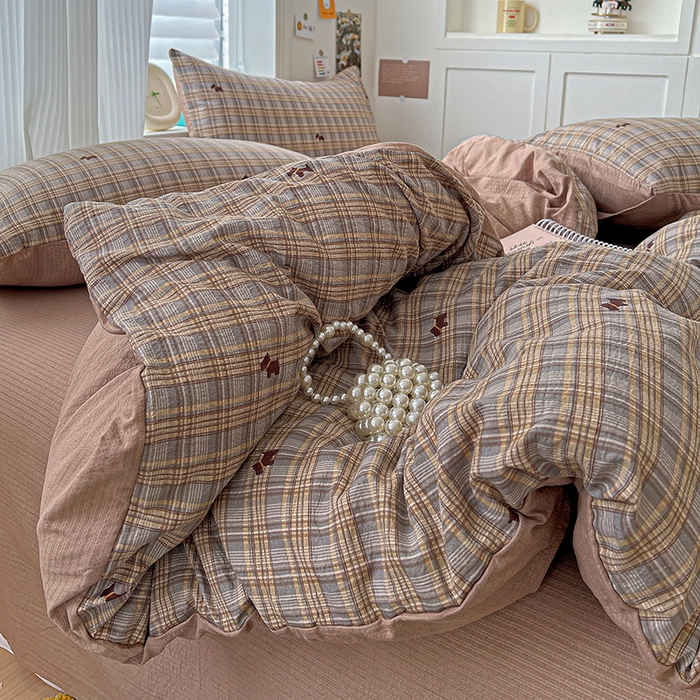 91家纺网 家纺一手货源 找家纺 一比一 2026新款云感皱皱双层纱四件套-简单款 塞西咖