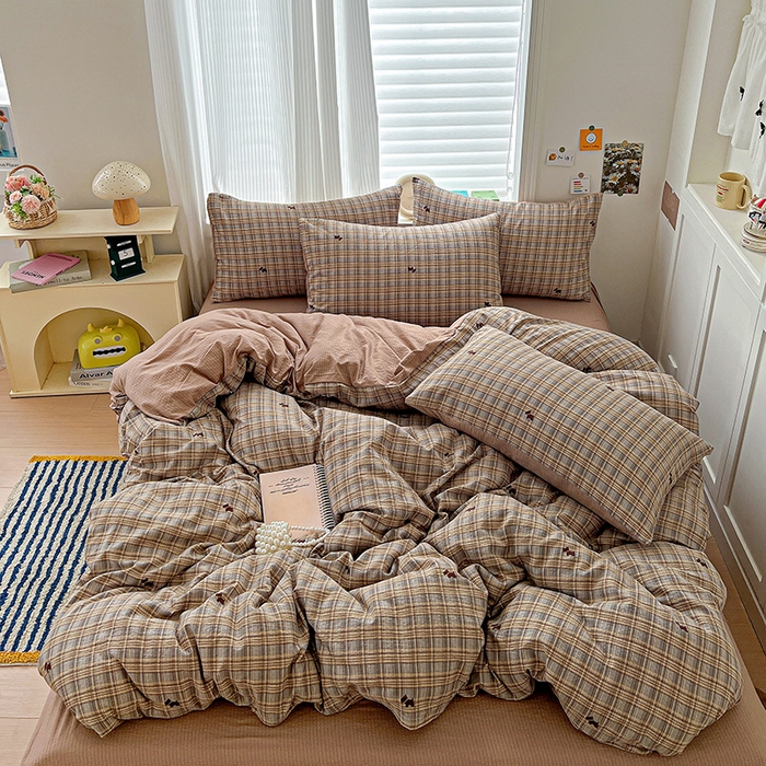 91家纺网 家纺一手货源 找家纺 一比一 2026新款云感皱皱双层纱四件套-简单款 塞西咖