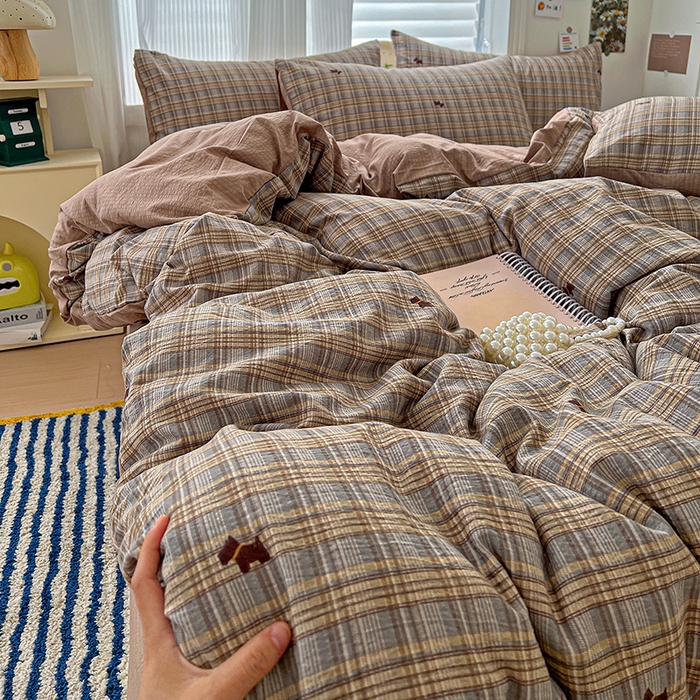 91家纺网 家纺一手货源 找家纺 一比一 2026新款云感皱皱双层纱四件套-简单款 塞西咖