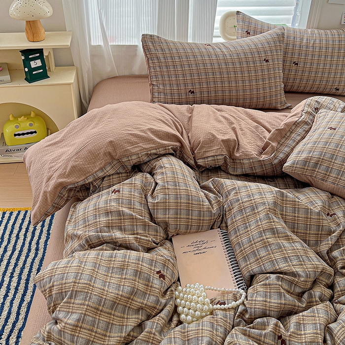 91家纺网 家纺一手货源 找家纺 一比一 2026新款云感皱皱双层纱四件套-简单款 塞西咖