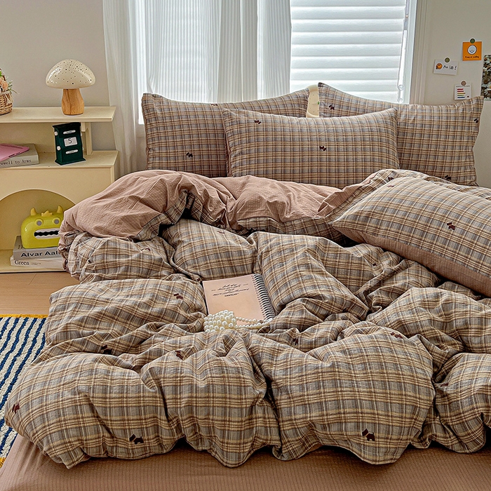 91家纺网 家纺一手货源 找家纺 一比一 2026新款云感皱皱双层纱四件套-简单款 塞西咖