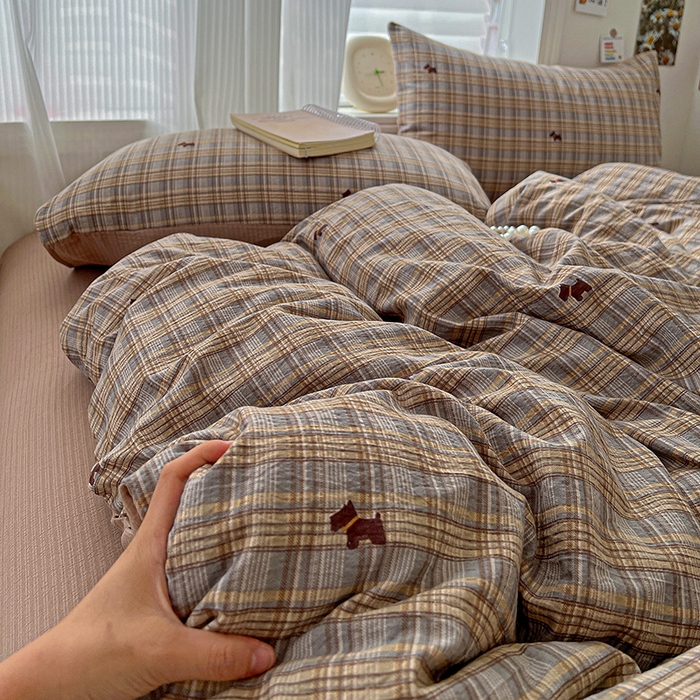 91家纺网 家纺一手货源 找家纺 一比一 2026新款云感皱皱双层纱四件套-简单款 塞西咖