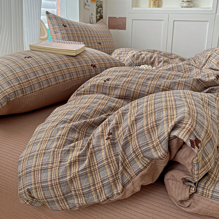 91家纺网 家纺一手货源 找家纺 一比一 2026新款云感皱皱双层纱四件套-简单款 塞西咖