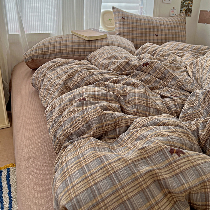 91家纺网 家纺一手货源 找家纺 一比一 2026新款云感皱皱双层纱四件套-简单款 塞西咖