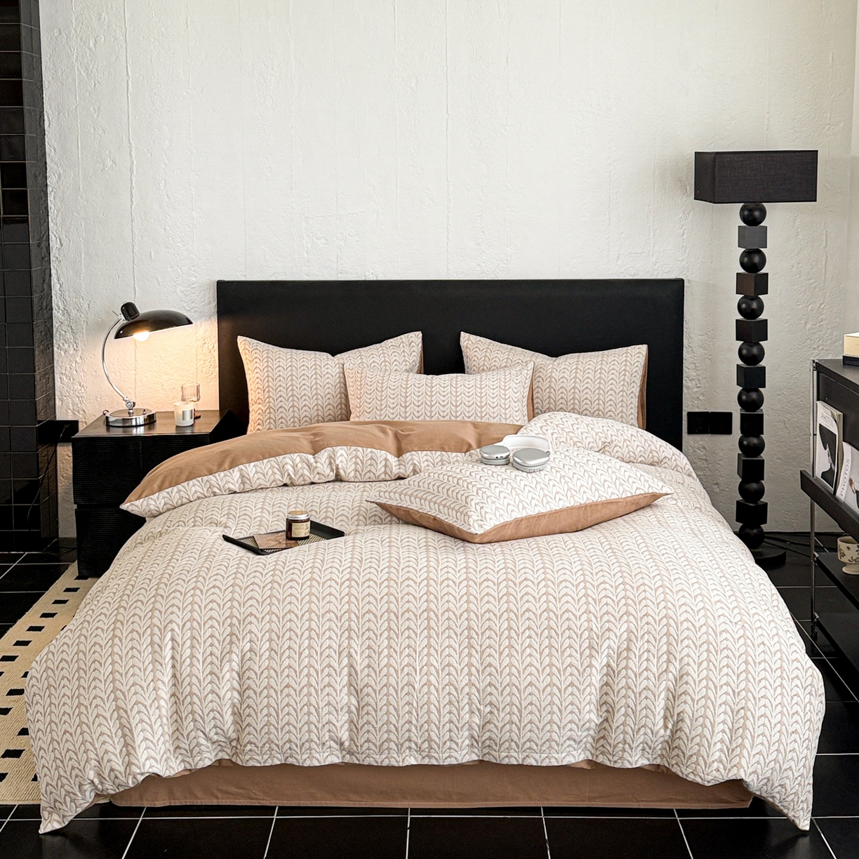 91家纺网 家纺一手货源 找家纺 眠博士 2025新款60s长绒棉纯棉提花磨毛四件套 提花磨毛套件-荞麦卡其