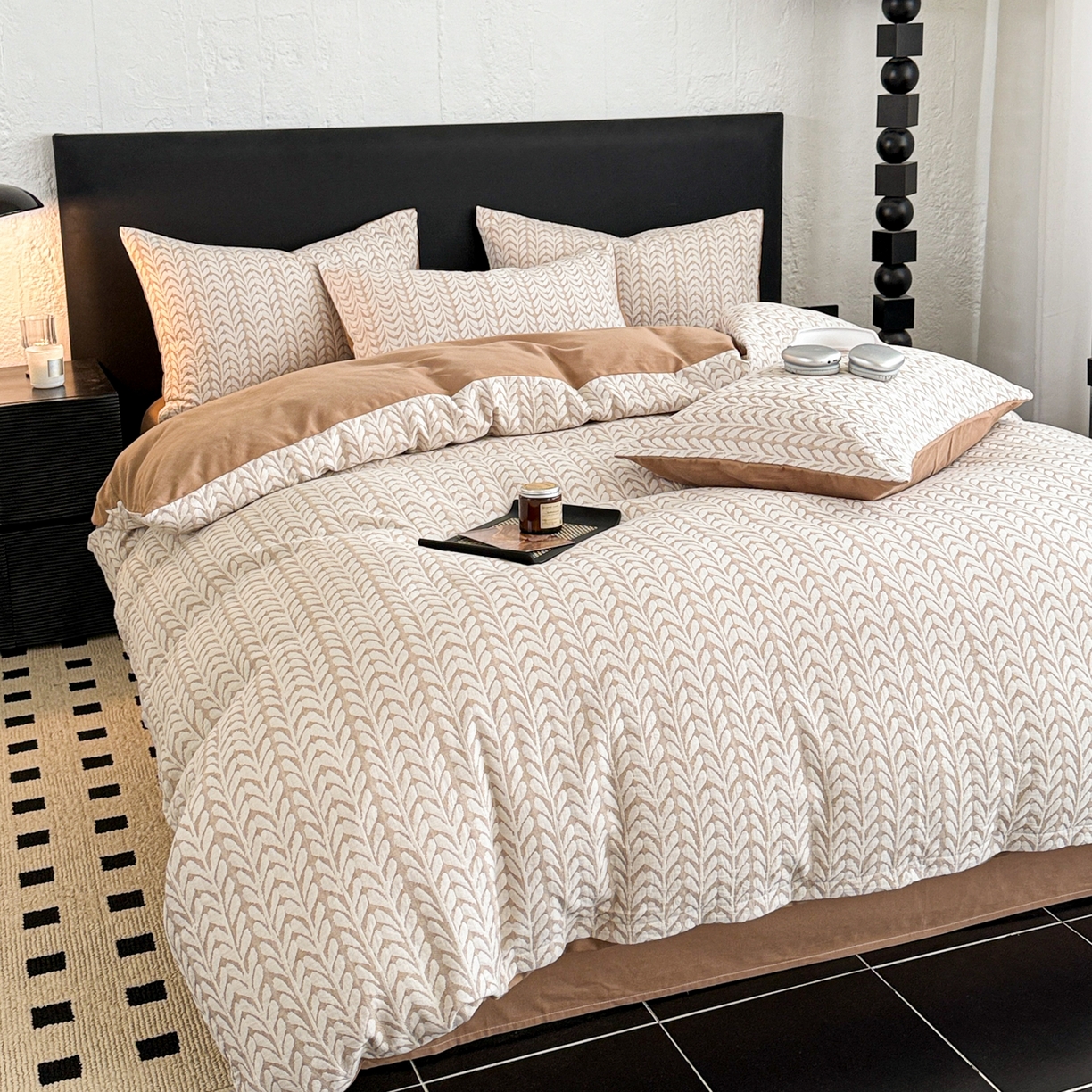 91家纺网 家纺一手货源 找家纺 眠博士 2025新款60s长绒棉纯棉提花磨毛四件套 提花磨毛套件-荞麦卡其