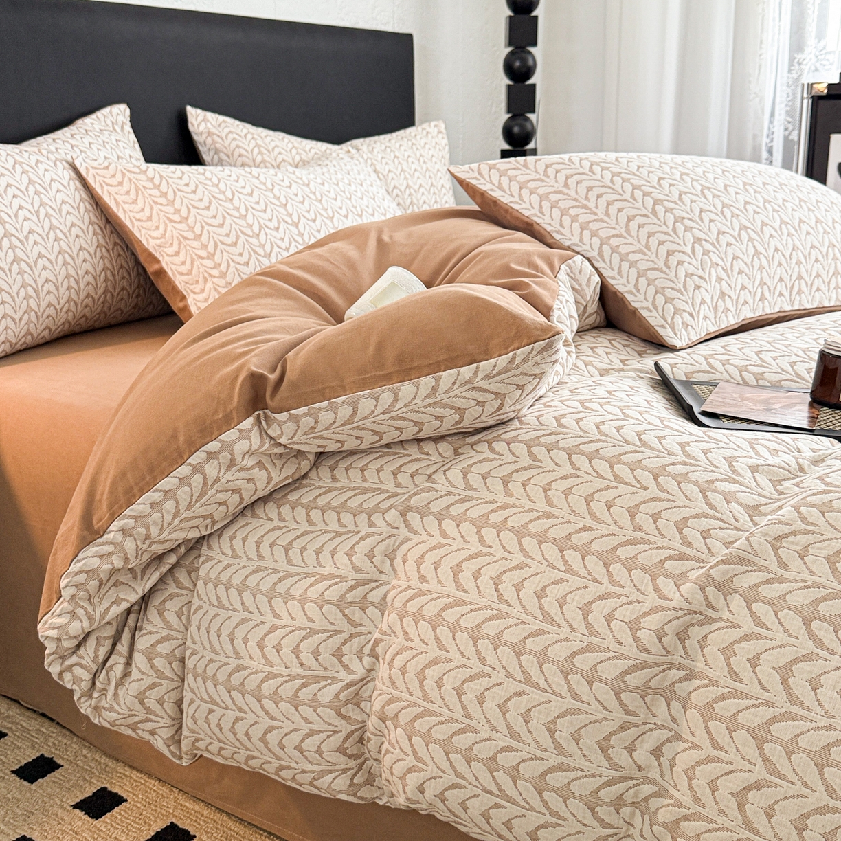 91家纺网 家纺一手货源 找家纺 眠博士 2025新款60s长绒棉纯棉提花磨毛四件套 提花磨毛套件-荞麦卡其