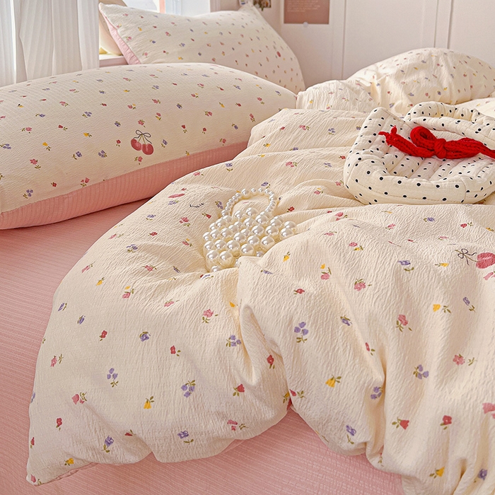 91家纺网 家纺一手货源 找家纺 一比一 2026新款云感皱皱双层纱四件套-简单款 恬趣-粉