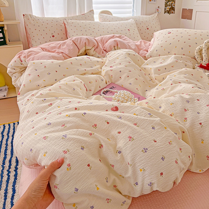 91家纺网 家纺一手货源 找家纺 一比一 2026新款云感皱皱双层纱四件套-简单款 恬趣-粉