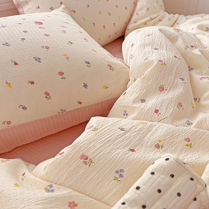 91家纺网 家纺一手货源 找家纺 一比一 2026新款云感皱皱双层纱四件套-简单款 恬趣-粉