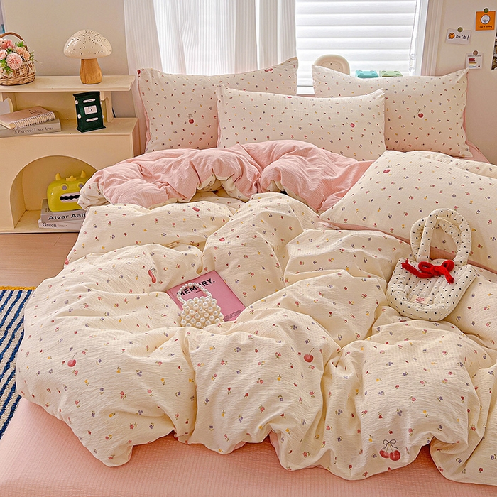 91家纺网 家纺一手货源 找家纺 一比一 2026新款云感皱皱双层纱四件套-简单款 恬趣-粉